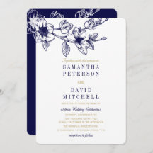 Chic Floral Magnolia Branch Navy Blue GOLD Wedding