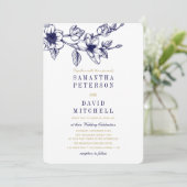 Chic Floral Magnolia Branch Navy Blue GOLD Wedding Kaart (Staand voorkant)