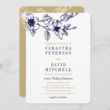 Chic Floral Magnolia Branch Navy Blue GOLD Wedding