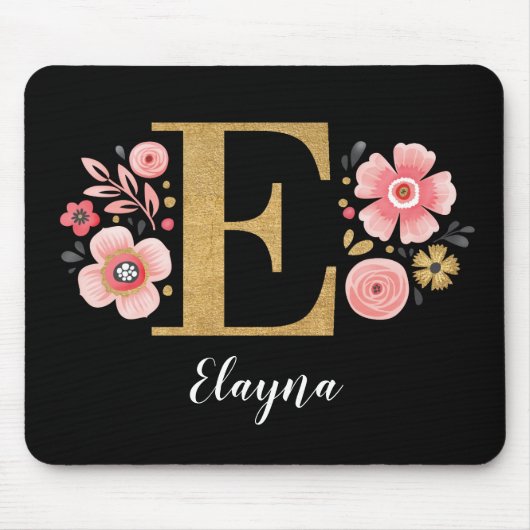Chic Floral Monogram Initiaal Roze Gold Letter E Muismat (Voorkant)