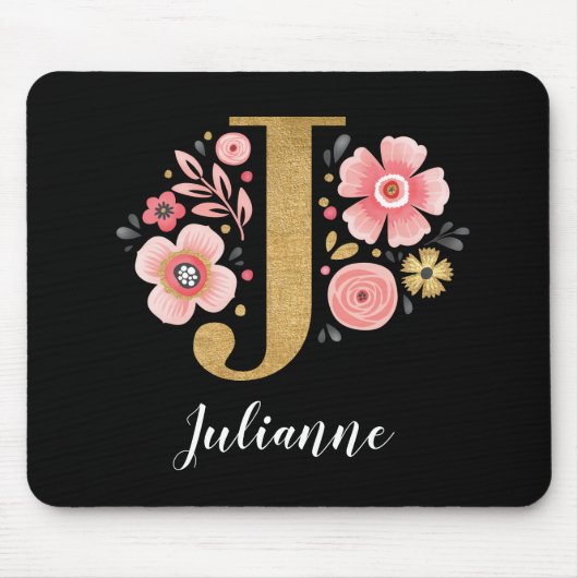 Chic Floral Monogram Initiaal Roze Goud Letter J Muismat (Voorkant)