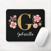 Chic Floral Monogram Initiaal Zwart Goud Letter G Muismat (Met muis)