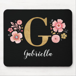 Chic Floral Monogram Initiaal Zwart Goud Letter G Muismat