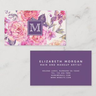 Chic Floral Monogram Paarse vlinder Visitekaartje