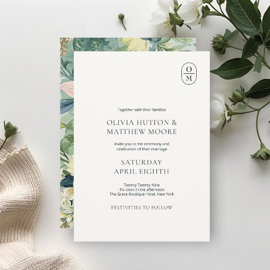 Chic Floral Monogram Wedding Invitation Kaart