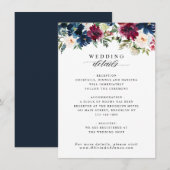 Chic Floral Navy Blue Burgundy Red Wedding Details Informatiekaartje (Voorkant / Achterkant)