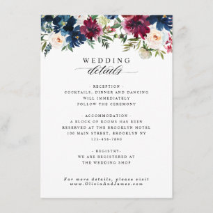 Chic Floral Navy Blue Burgundy Red Wedding Details Informatiekaartje