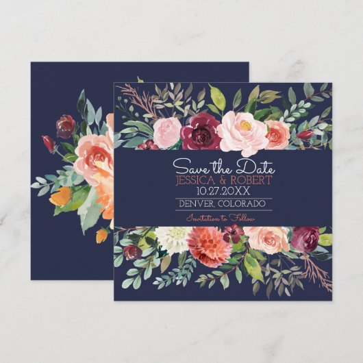 Chic Floral Navy Blue Save the Date Kaart (Voorkant / Achterkant)