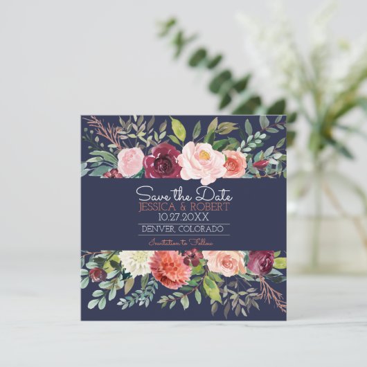 Chic Floral Navy Blue Save the Date Kaart (Staand voorkant)