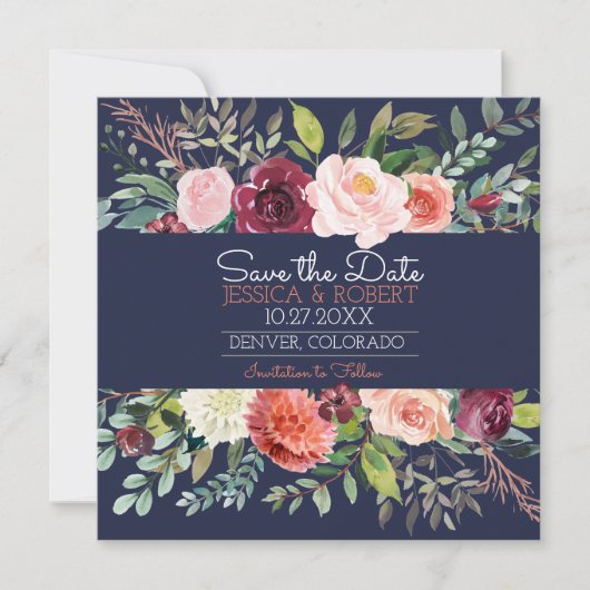 Chic Floral Navy Blue Save the Date Kaart (Voorkant)
