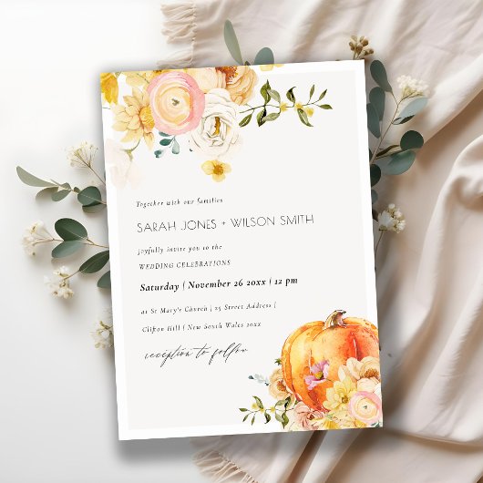 Chic Floral Oranje herfst Pumpkin Wedding Invite Bedankkaart