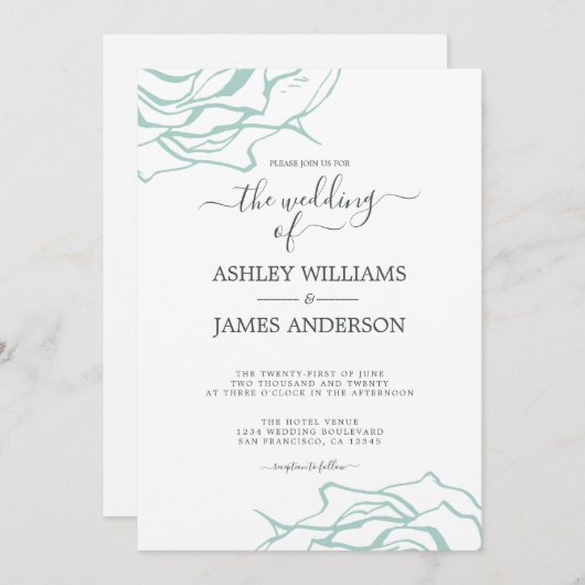 Chic Floral Outline Blauw Roos bruiloft Kaart (Voorkant / Achterkant)