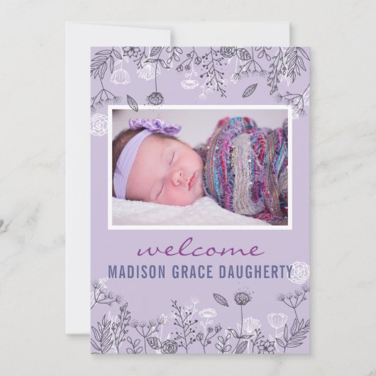 Chic Floral Paars Birth Announcement Kaart (Voorkant)