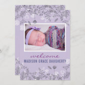 Chic Floral Paars Birth Announcement Kaart (Voorkant / Achterkant)