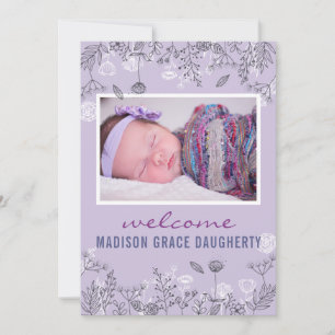Chic Floral Paars Birth Announcement Kaart