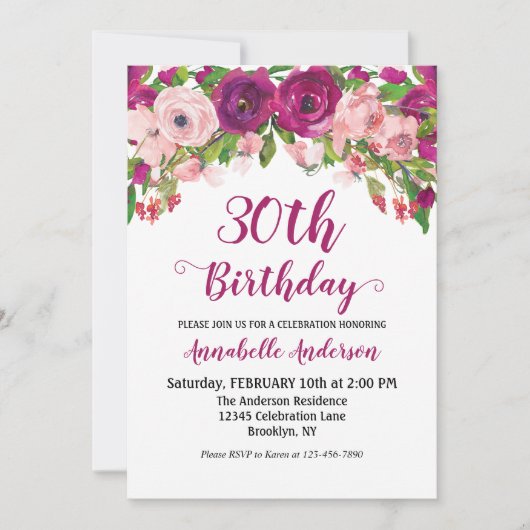 Chic Floral Paars roze Waterverf Birthday Script Kaart (Voorkant)