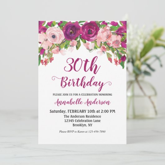 Chic Floral Paars roze Waterverf Birthday Script Kaart (Staand voorkant)