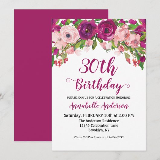 Chic Floral Paars roze Waterverf Birthday Script Kaart (Voorkant / Achterkant)