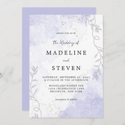 Chic Floral Paarse Waterverf Ink Monogram Weddensc Kaart (Voorkant / Achterkant)