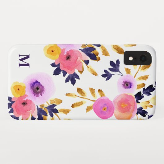 Chic Floral Painted Waterverf Monogram Case-Mate iPhone Case (Achterkant (horizontaal))