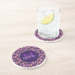 Chic Floral Pansies Pattern Paars Monogram Zandsteen Onderzetter