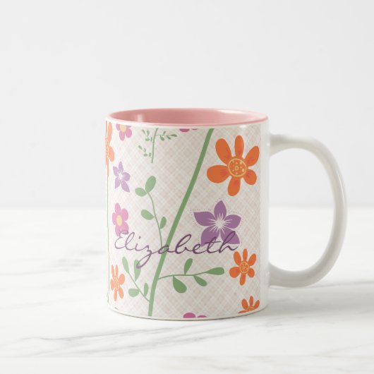 Chic Floral Pattern Design Monogram Tweekleurige Koffiemok (Rechts)