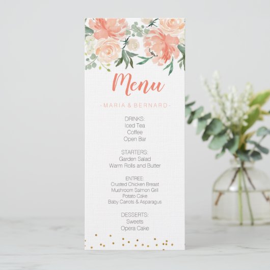 Chic Floral Peach Gold-menukaart Menu (Staand voorkant)