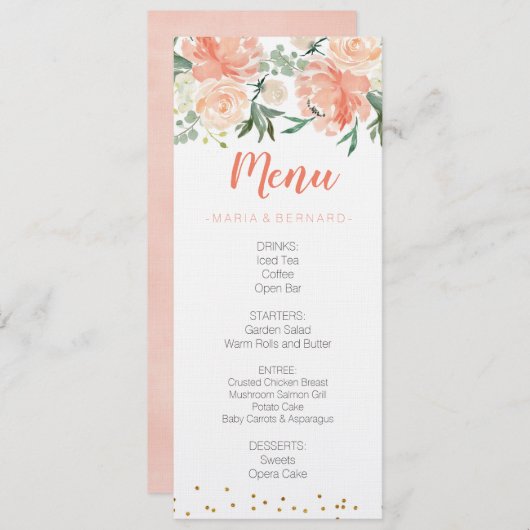 Chic Floral Peach Gold-menukaart Menu (Voorkant / Achterkant)