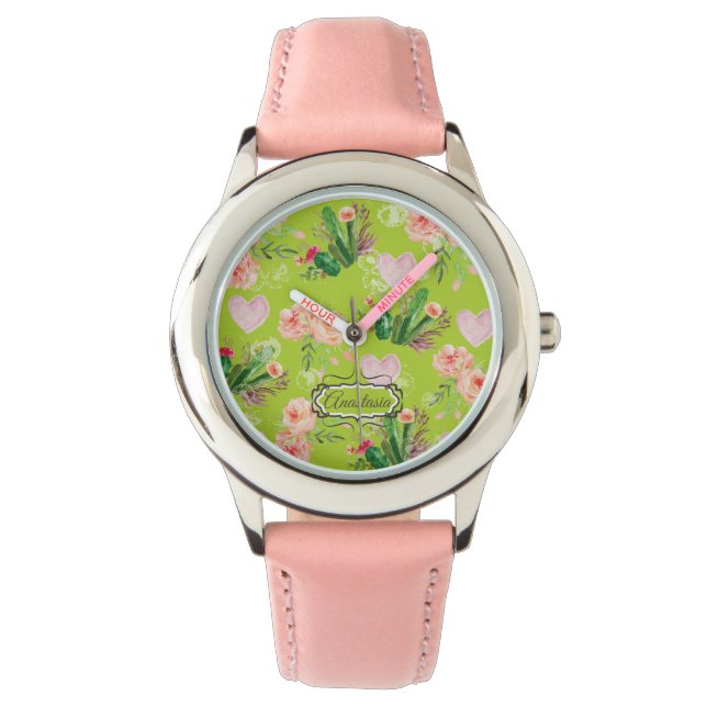 Chic Floral Personalized Cactus Horloge (Voorkant)