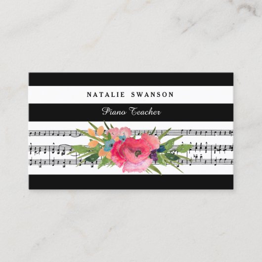 Chic Floral Piano Docent Moderne Muzikale Noten Visitekaartje (Voorkant)