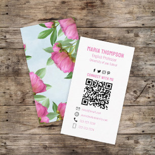 Chic Floral Pink Peony Professional QR-code Visitekaartje
