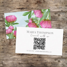 Chic Floral Pink Peony Professional QR-code Visitekaartje