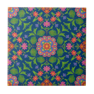 Chic Floral Rangoli Deep Blue Ceramic Tegel Tegeltje