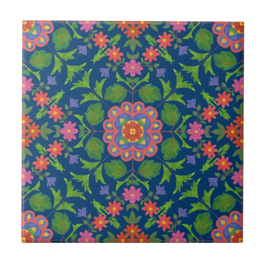 Chic Floral Rangoli Deep Blue Ceramic Tegel Tegeltje (Voorkant)