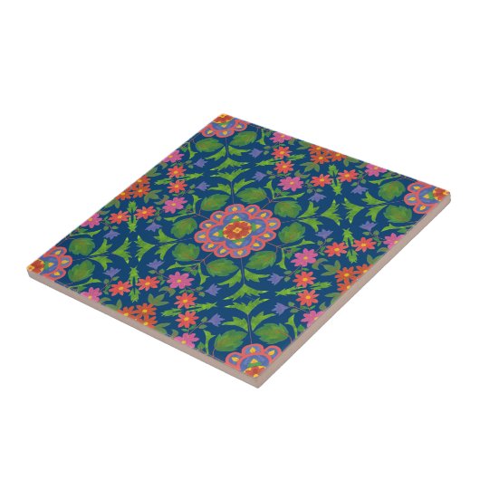 Chic Floral Rangoli Deep Blue Ceramic Tegel Tegeltje (Zijkant)