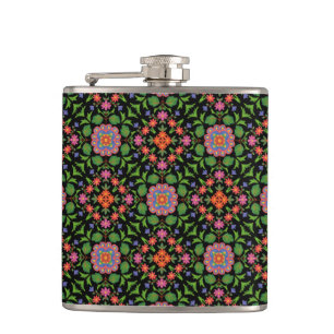 Chic Floral Rangoli Pattern on Black Hip Flask Heupfles
