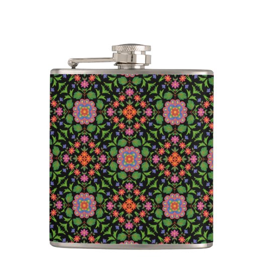 Chic Floral Rangoli Pattern on Black Hip Flask Heupfles (Voorkant)