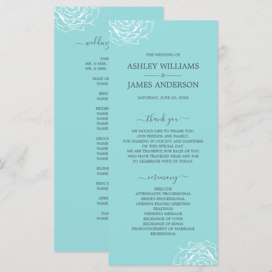 Chic Floral Roos Blue Simple Minimal Wedding Programmakaart (Voorkant / Achterkant)