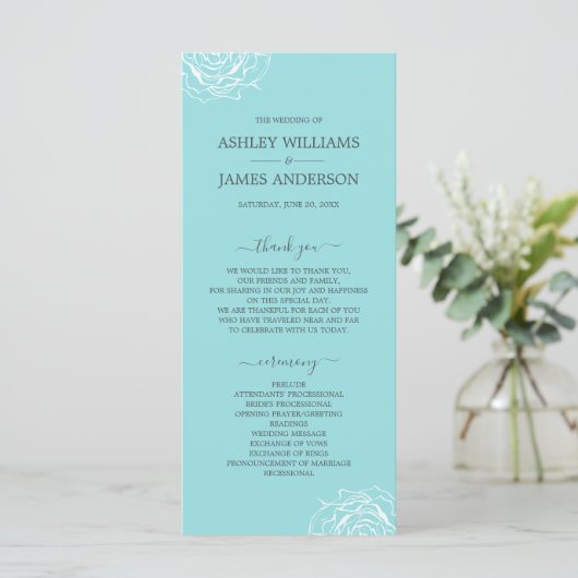 Chic Floral Roos Blue Simple Minimal Wedding Programmakaart (Staand voorkant)