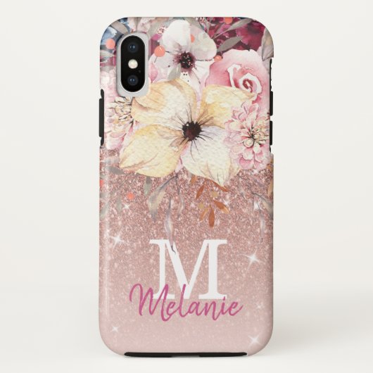 Chic Floral Roos Gold Glitter iPhone X Hoesje (Achterkant)