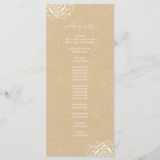 Chic Floral Roos Kraft Simple Minimal Wedding Programmakaart (Achterkant)