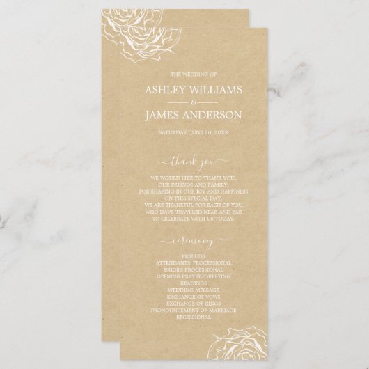 Chic Floral Roos Kraft Simple Minimal Wedding Programmakaart (Voorkant / Achterkant)