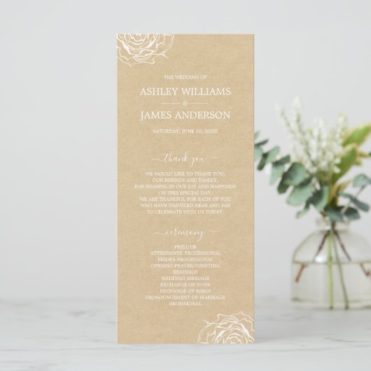 Chic Floral Roos Kraft Simple Minimal Wedding Programmakaart (Staand voorkant)
