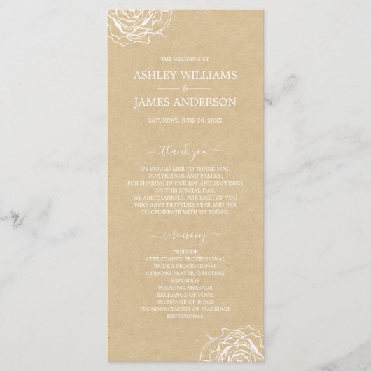 Chic Floral Roos Kraft Simple Minimal Wedding Programmakaart (Voorkant)