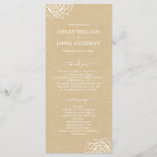 Chic Floral Roos Kraft Simple Minimal Wedding Programmakaart
