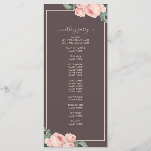 Chic Floral roze roodroodbruin huwelijk Programmakaart (Achterkant)
