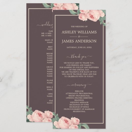 Chic Floral  roze roodroodbruin huwelijk Programmakaart (Voorkant / Achterkant)