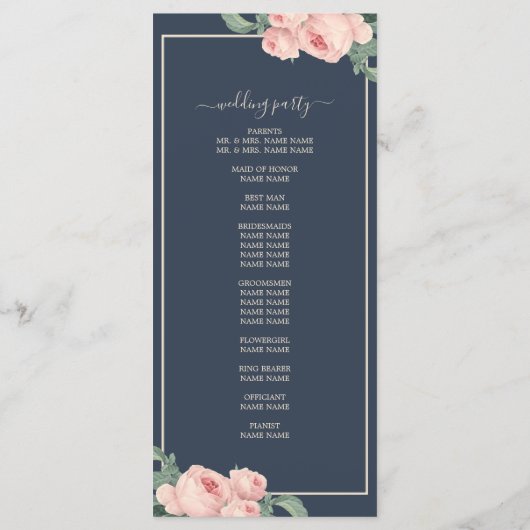 Chic Floral  Roze Roze Donkerblauwe bruiloft Programmakaart (Achterkant)
