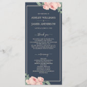 Chic Floral  Roze Roze Donkerblauwe bruiloft Programmakaart (Voorkant)