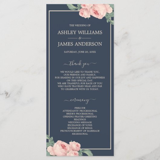 Chic Floral  Roze Roze Donkerblauwe bruiloft Programmakaart (Voorkant)